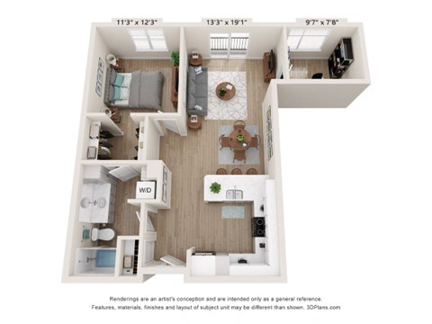 Floor plan for 1 bed, 1 bath, 890 sqft